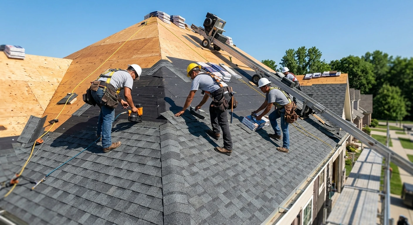 Roofing workers building a new pitched roof